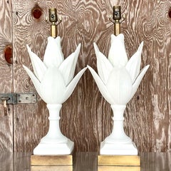 Vintage Hollywood Regency White Porcelain Ancanthus Table Lamps, a Pair
