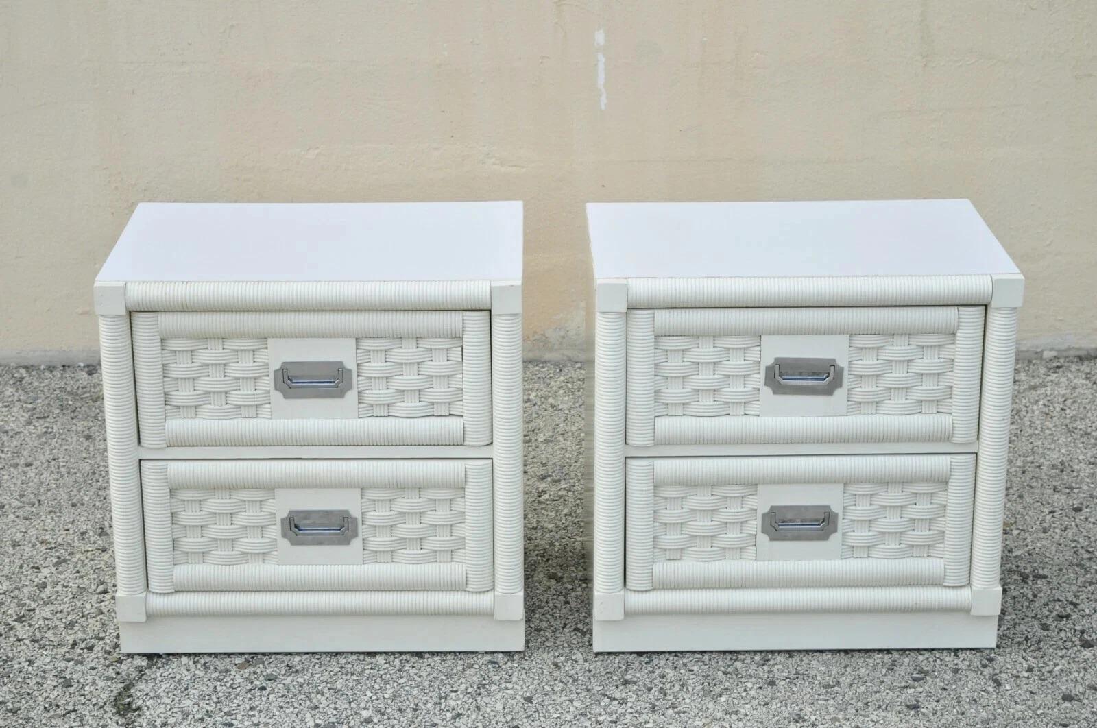 Vintage Hollywood Regency White Rattan Campaign Style Nightstands by Dixie Pair For Sale 5