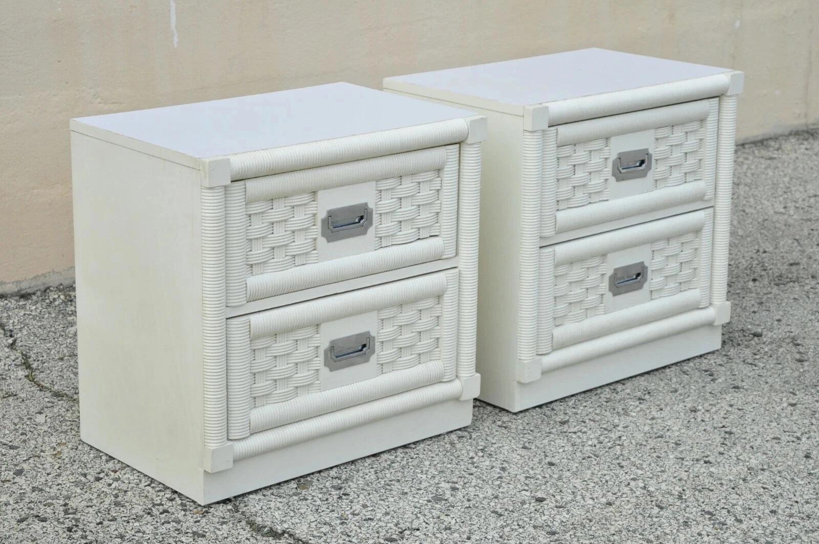 Vintage Hollywood Regency White Rattan Campaign Style Nightstands by Dixie Pair For Sale 6