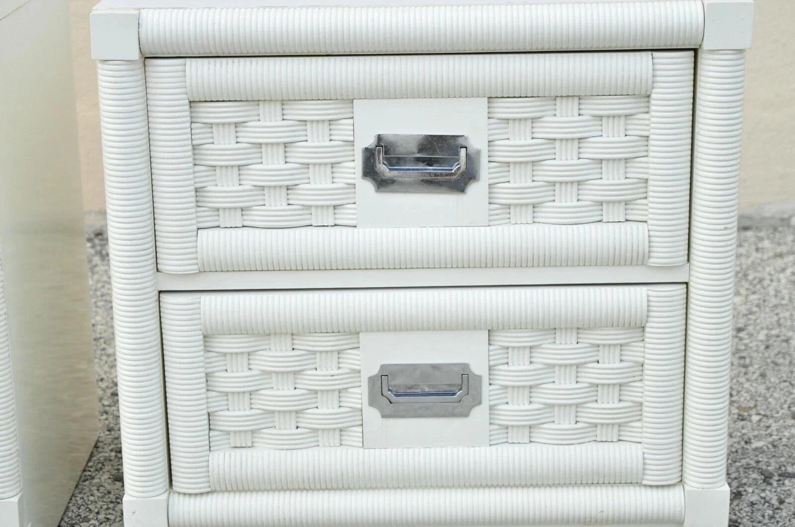 Unknown Vintage Hollywood Regency White Rattan Campaign Style Nightstands by Dixie Pair For Sale