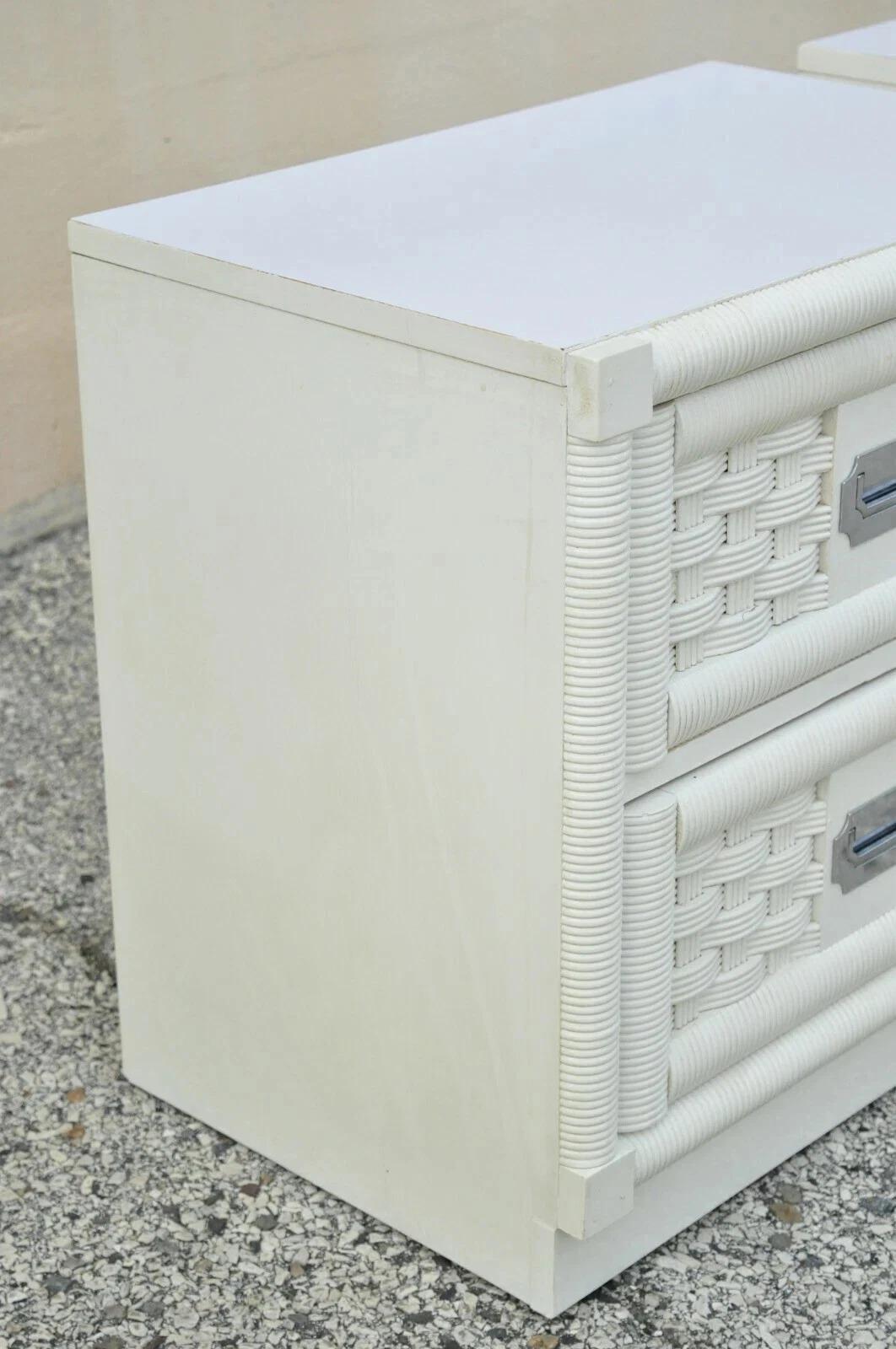 20th Century Vintage Hollywood Regency White Rattan Campaign Style Nightstands by Dixie Pair For Sale