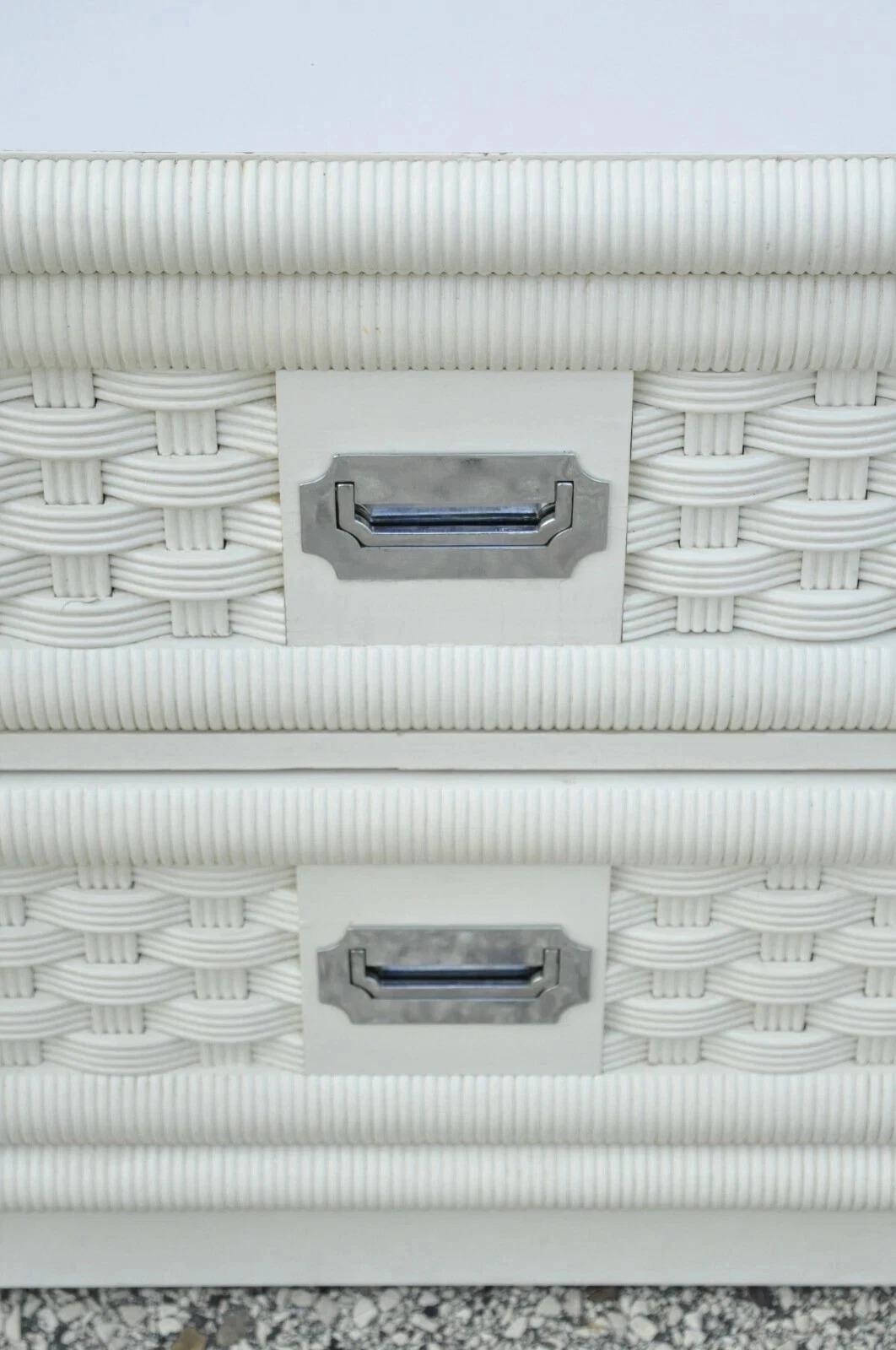 Cane Vintage Hollywood Regency White Rattan Campaign Style Nightstands by Dixie Pair For Sale