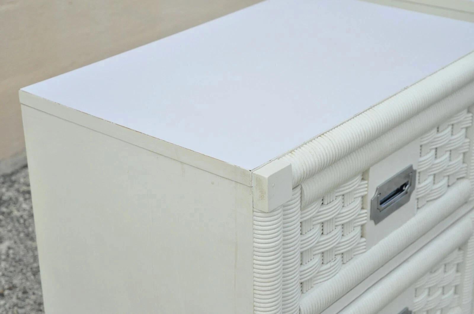 Vintage Hollywood Regency White Rattan Campaign Style Nightstands by Dixie Pair For Sale 1