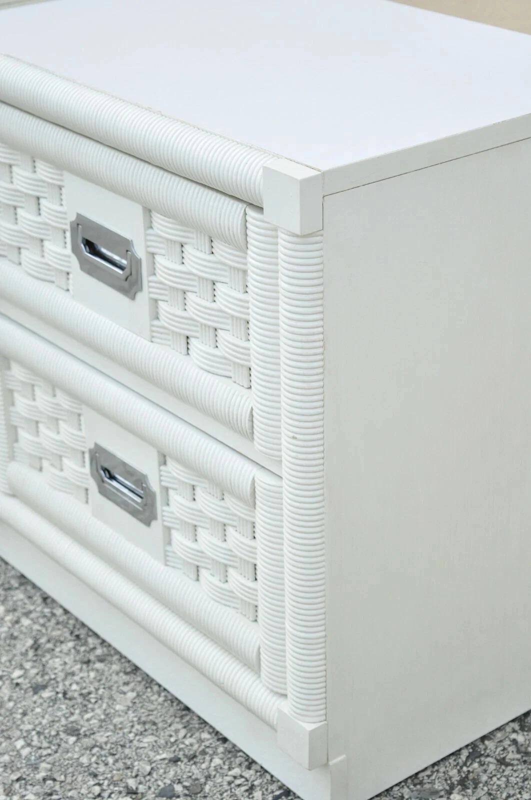 Vintage Hollywood Regency White Rattan Campaign Style Nightstands by Dixie Pair For Sale 3