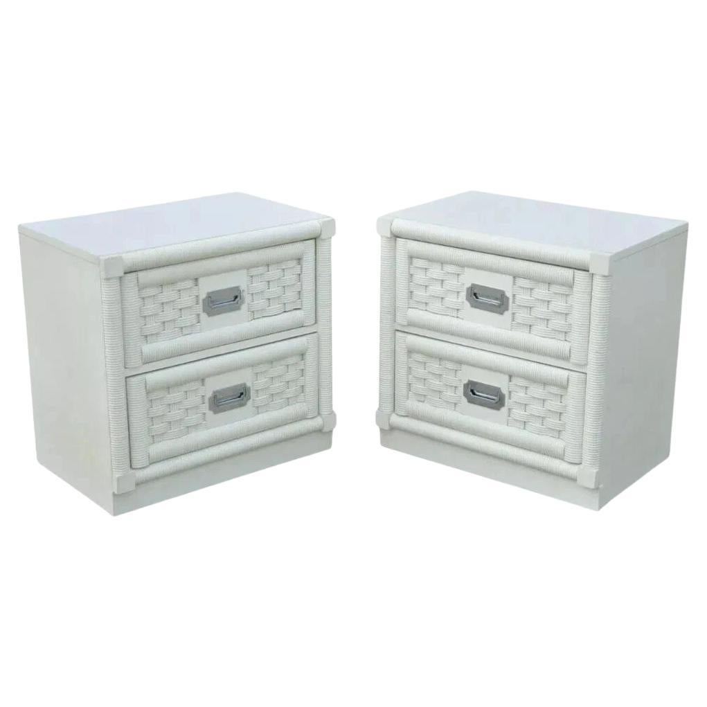 Vintage Hollywood Regency White Rattan Campaign Style Nightstands by Dixie Pair For Sale