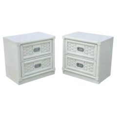 Vintage Hollywood Regency White Rattan Campaign Style Nightstands by Dixie Pair