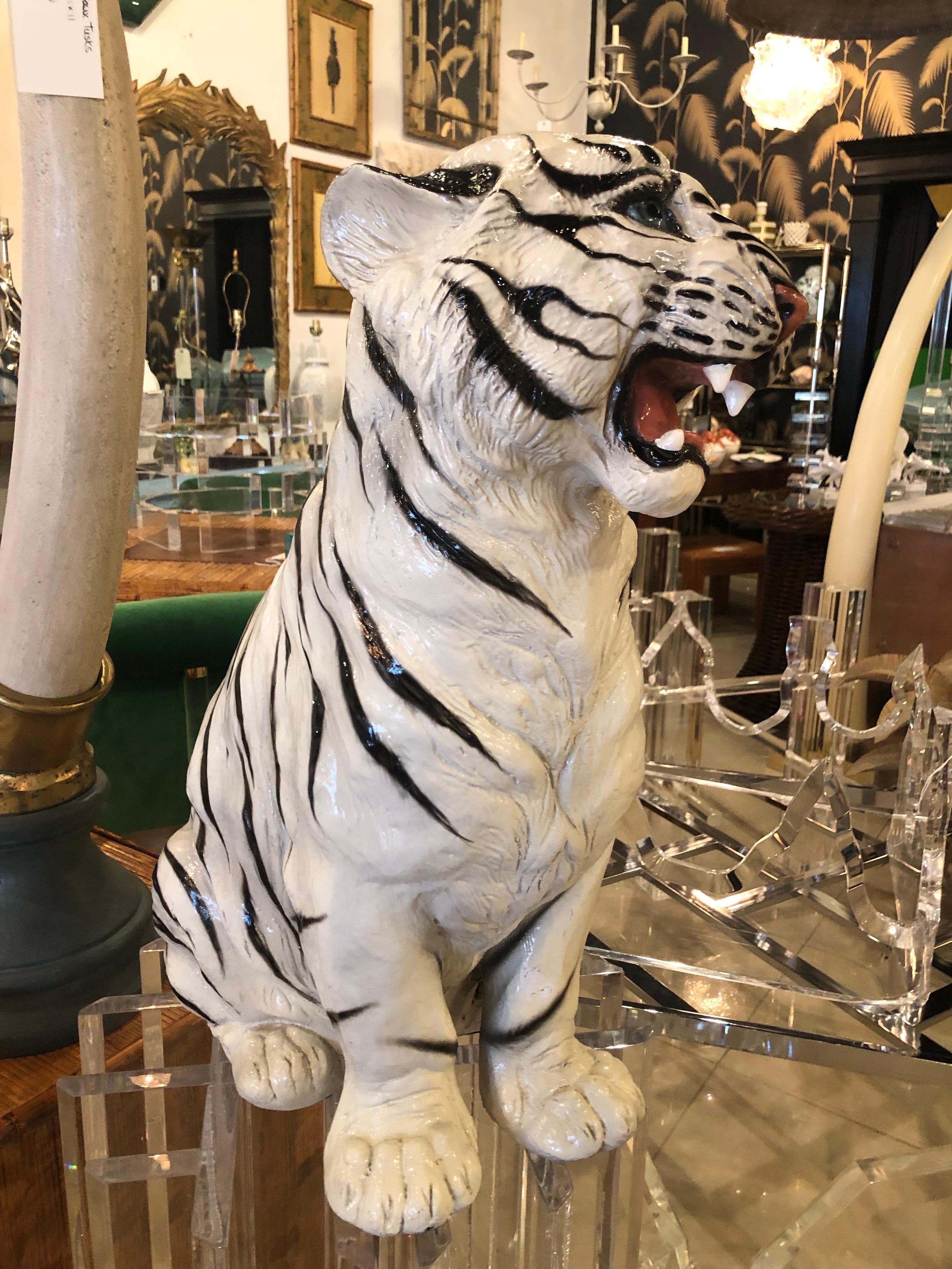 Vintage Hollywood Regency White Tiger Statue 2