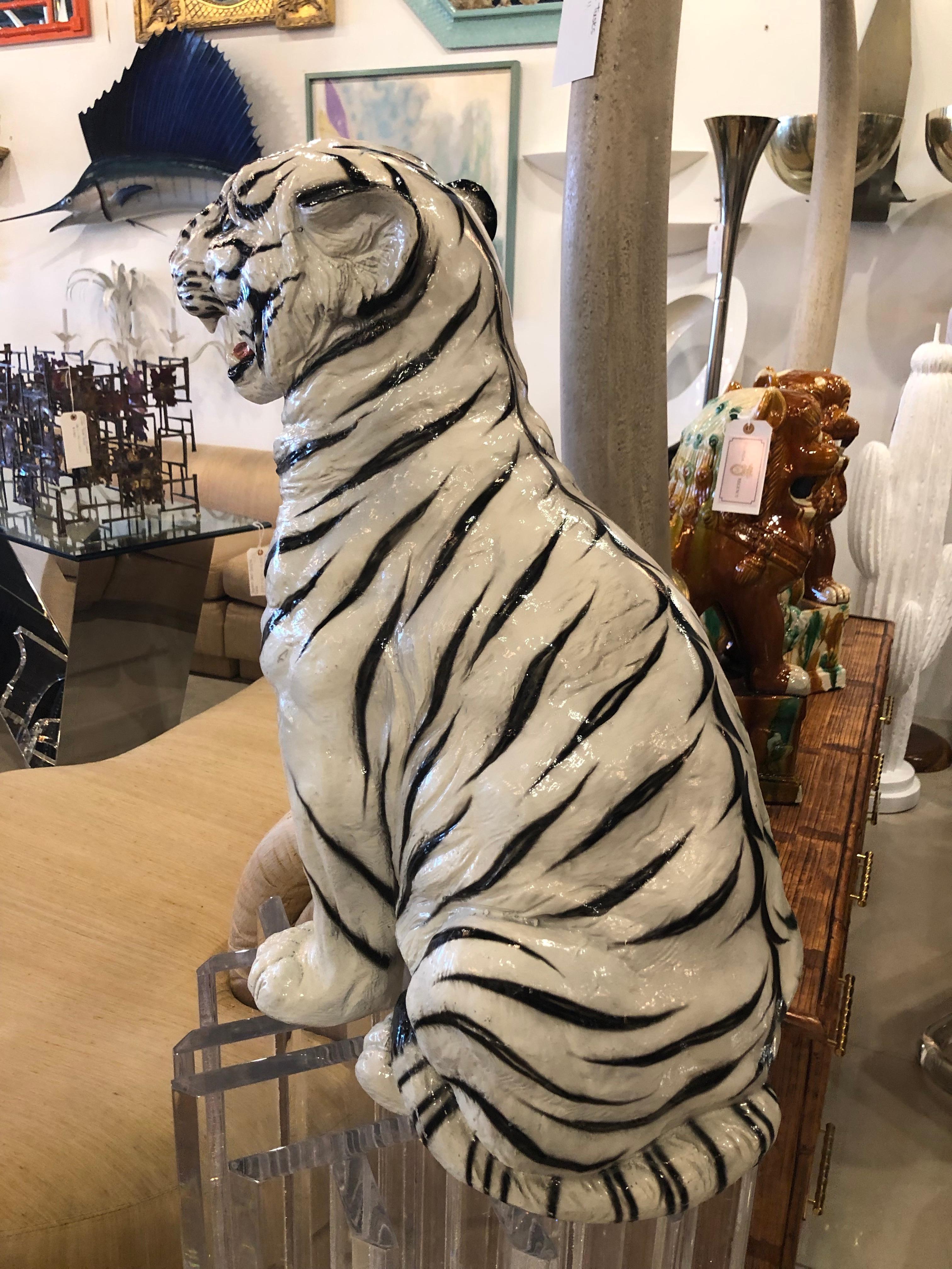 Vintage Hollywood Regency White Tiger Statue 3
