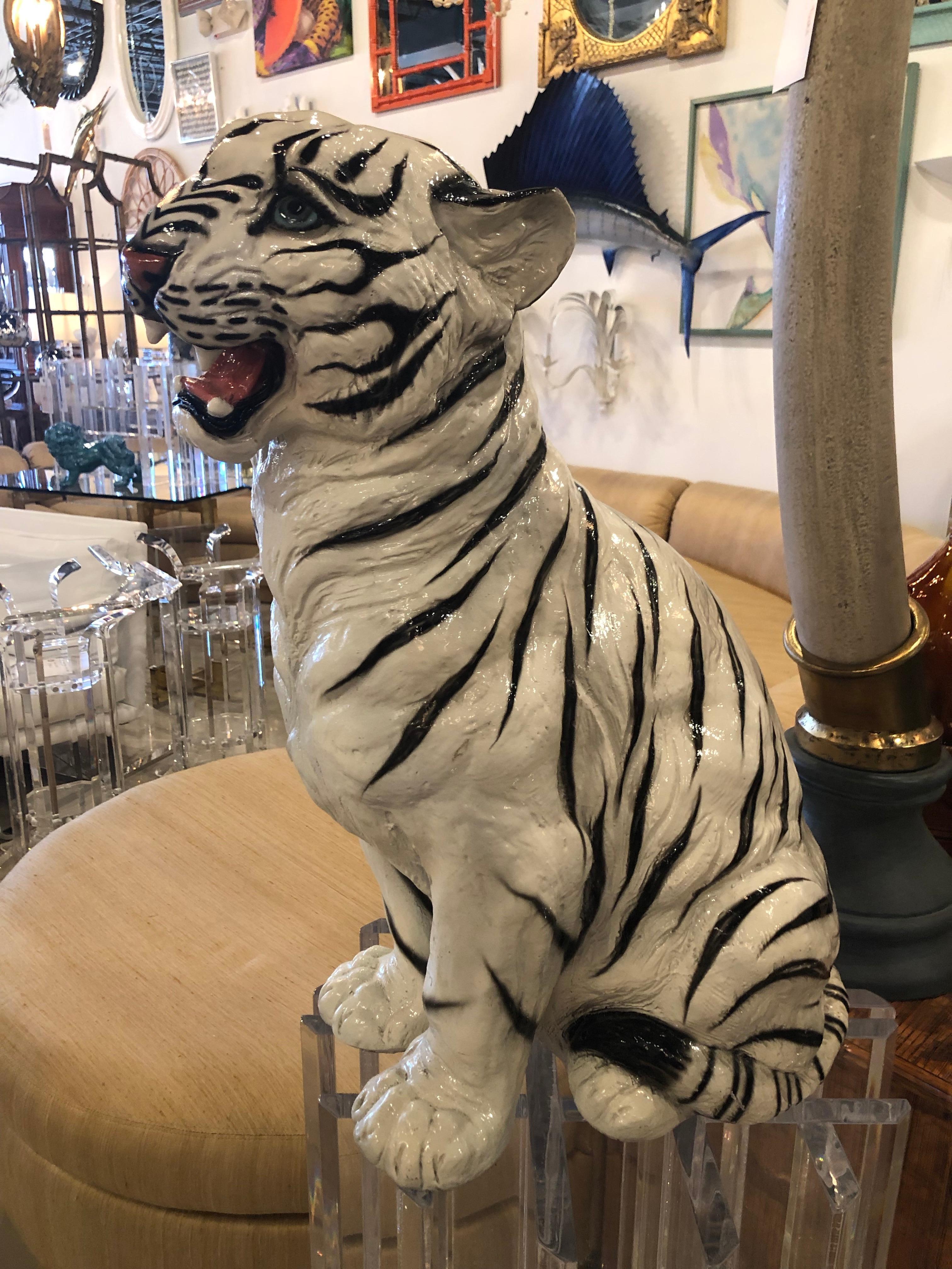 Vintage Hollywood Regency White Tiger Statue In Good Condition In West Palm Beach, FL