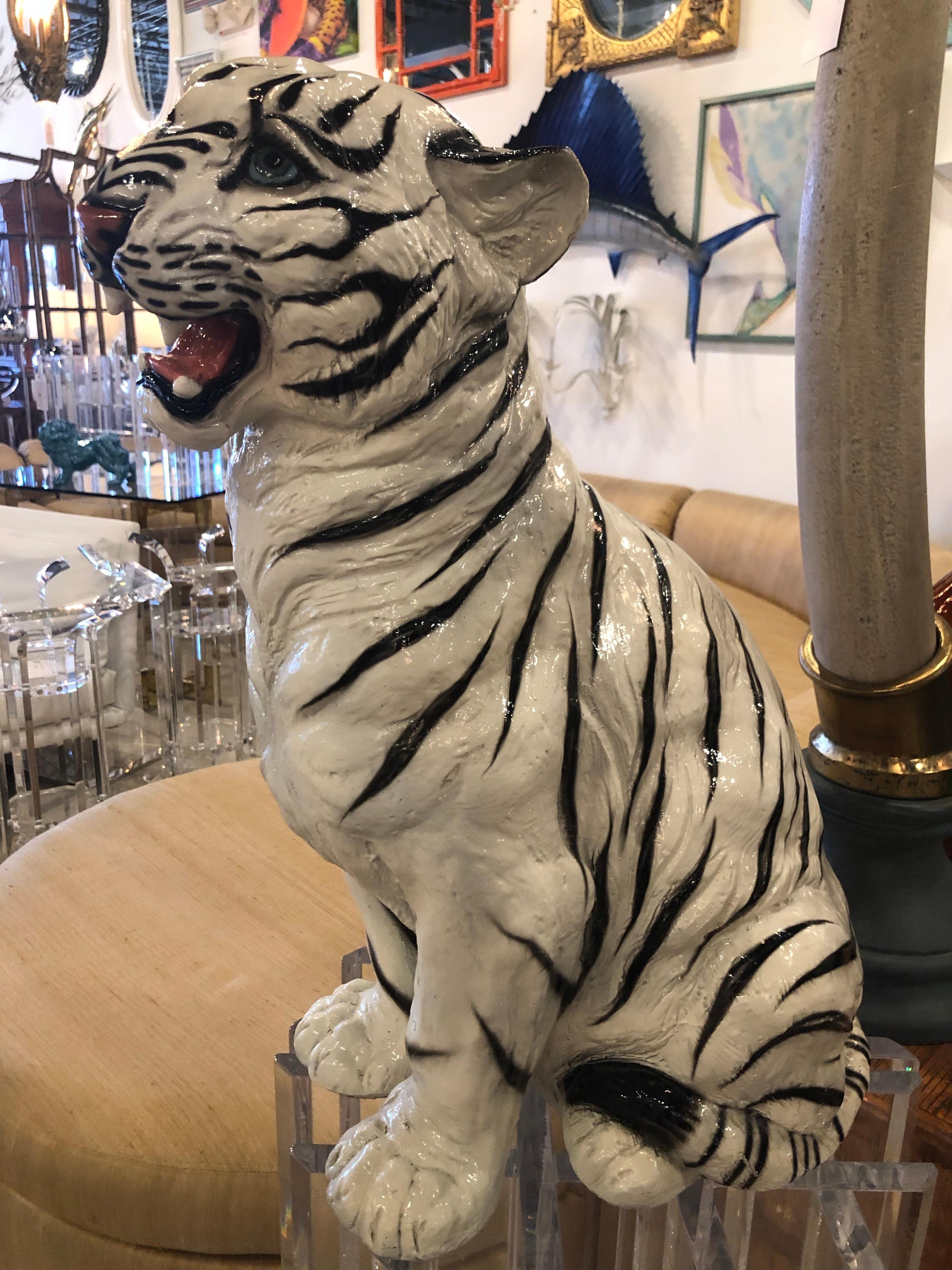 Late 20th Century Vintage Hollywood Regency White Tiger Statue