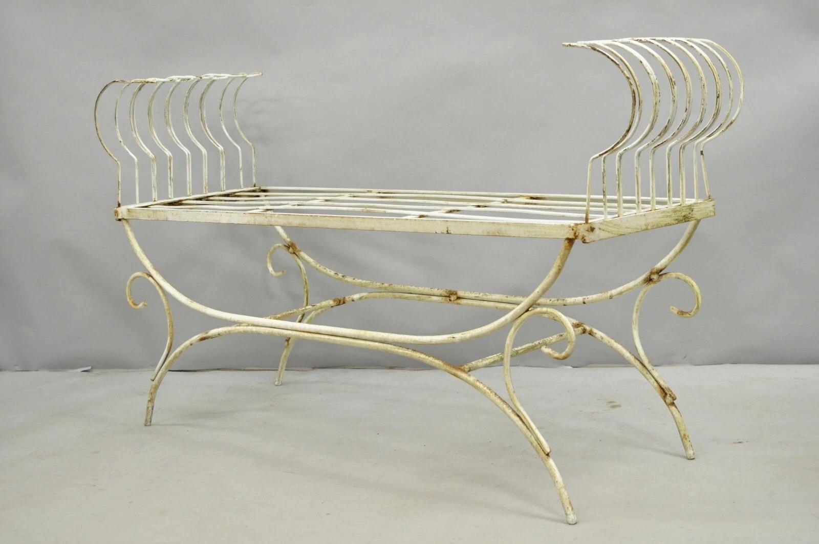 Vintage Hollywood Regency White Wrought Iron Curule X Frame Window Bench For Sale 5