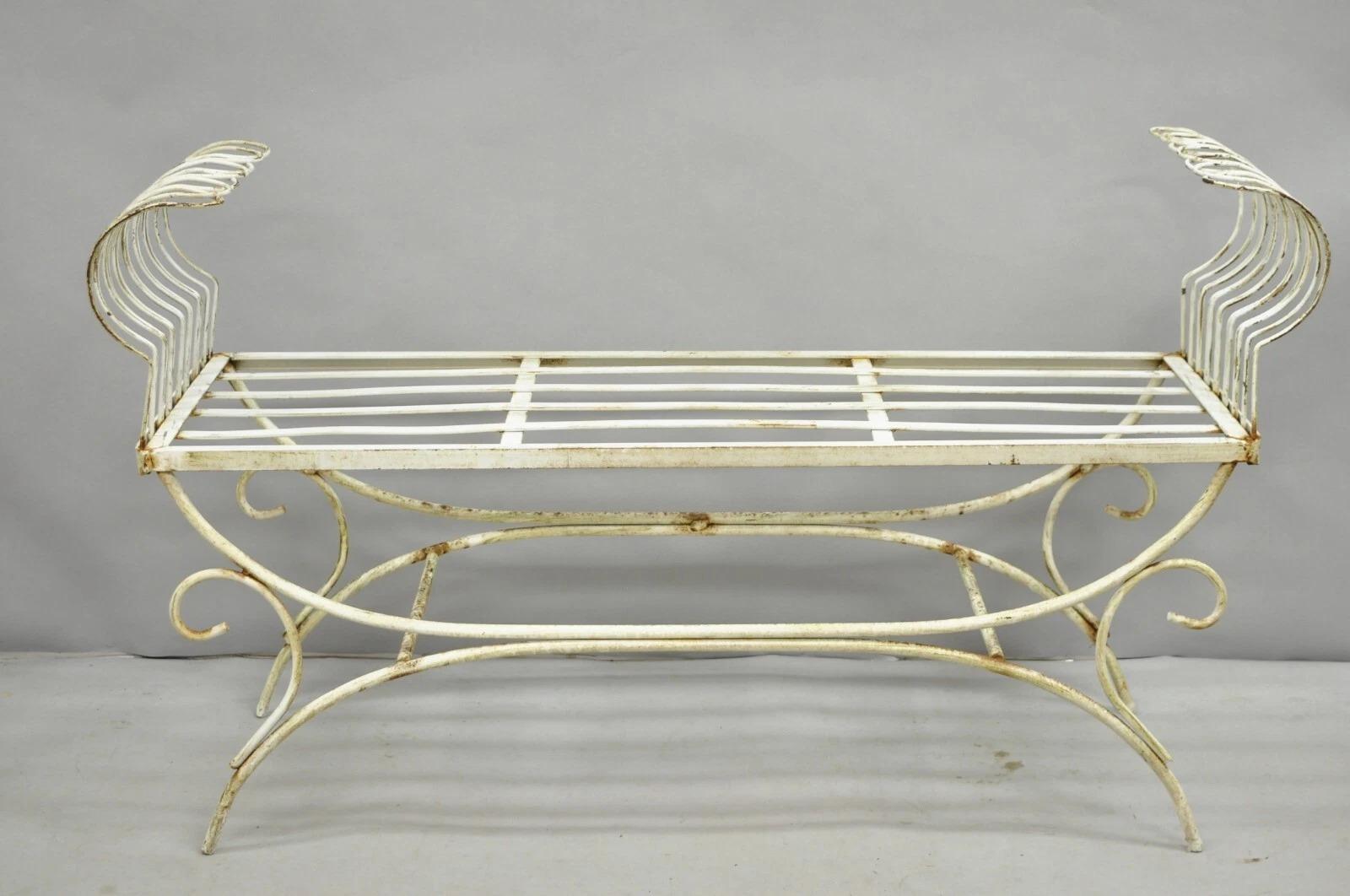 Vintage Hollywood Regency White Wrought Iron Curule X Frame Window Bench For Sale 6
