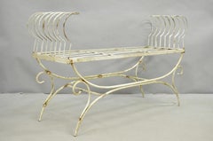 Vintage Hollywood Regency White Wrought Iron Curule X Frame Window Bench