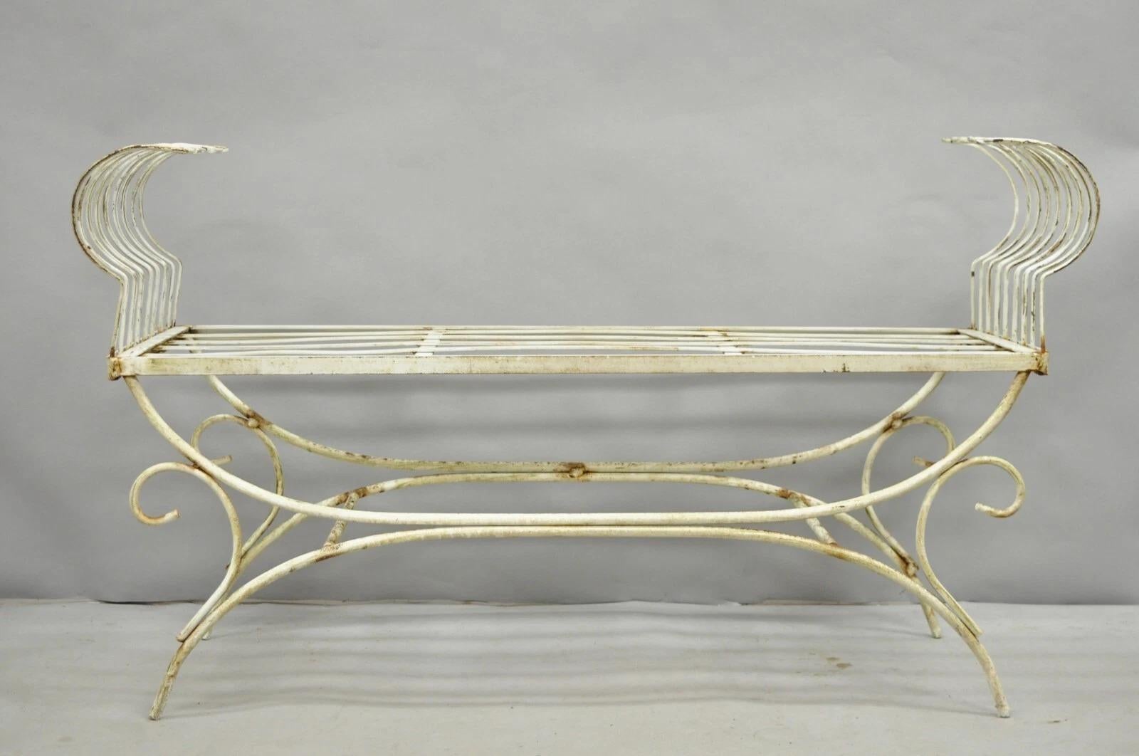 Unknown Vintage Hollywood Regency White Wrought Iron Curule X Frame Window Bench For Sale