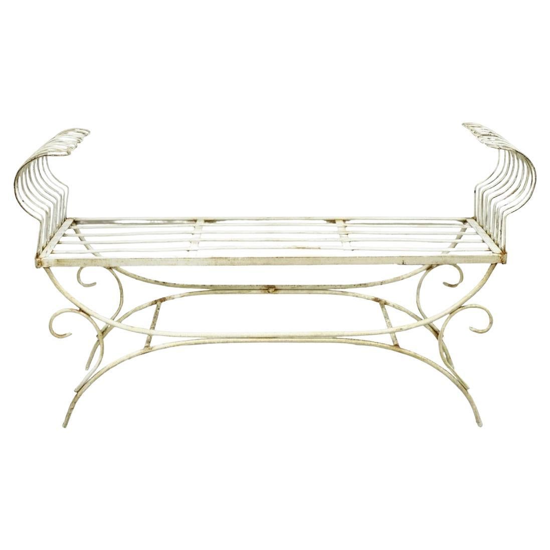 Vintage Hollywood Regency White Wrought Iron Curule X Frame Window Bench For Sale