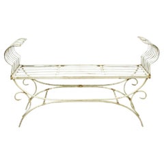 Vintage Hollywood Regency White Wrought Iron Curule X Frame Window Bench
