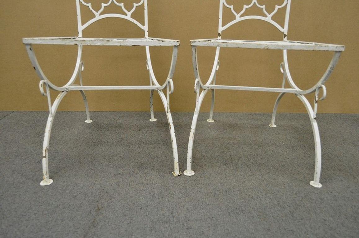 Vintage Hollywood Regency Wrought Iron Clover Fretwork Curule Side Chairs, Pair 6
