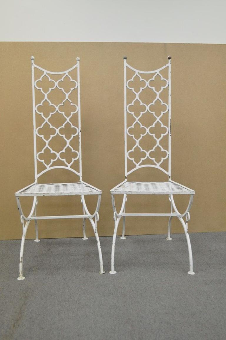 Vintage Hollywood Regency Wrought Iron Clover Fretwork Curule Side Chairs, Pair 8