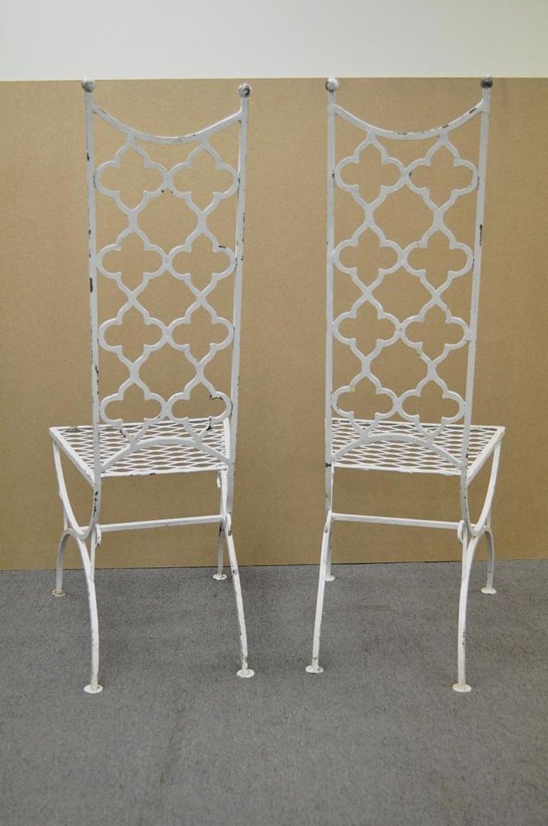 Vintage Hollywood Regency Wrought Iron Clover Fretwork Curule Side Chairs, Pair In Good Condition In Philadelphia, PA