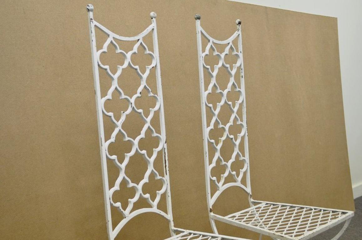 20th Century Vintage Hollywood Regency Wrought Iron Clover Fretwork Curule Side Chairs, Pair