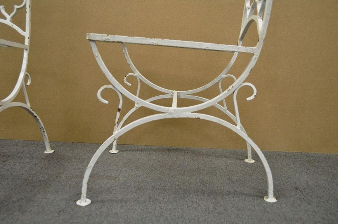 Vintage Hollywood Regency Wrought Iron Clover Fretwork Curule Side Chairs, Pair 5
