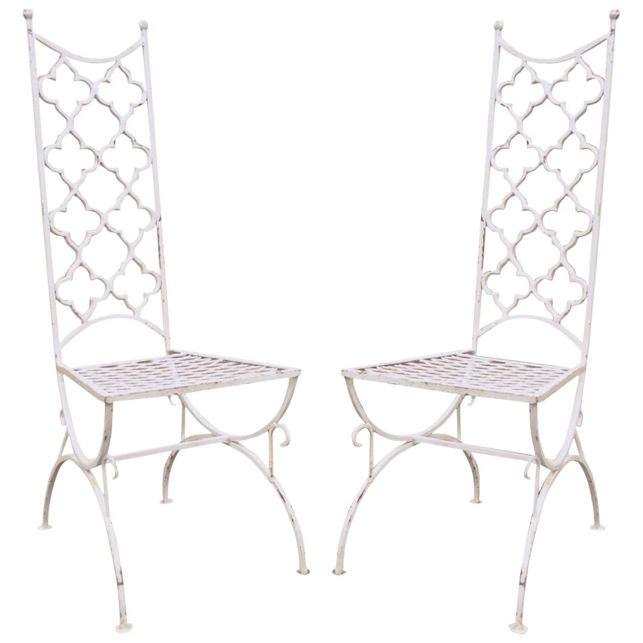 Vintage Hollywood Regency Wrought Iron Clover Fretwork Curule Side Chairs, Pair