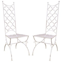 Vintage Hollywood Regency Wrought Iron Clover Fretwork Curule Side Chairs, Pair