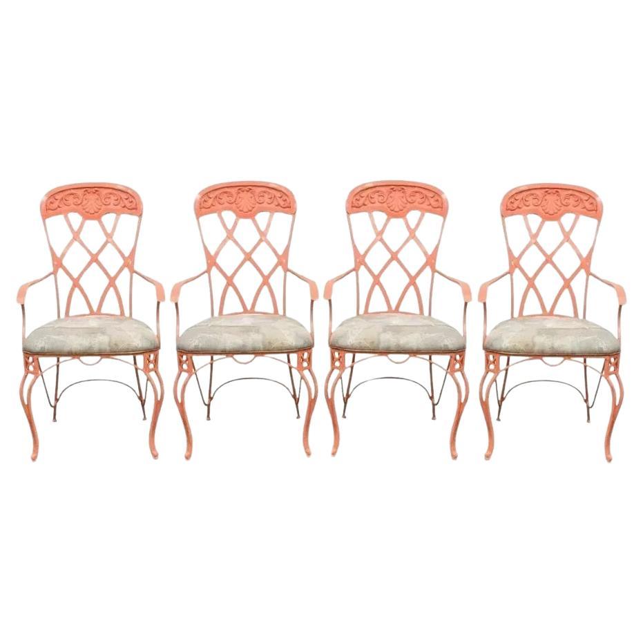 Vintage Hollywood Regency Wrought Iron Shell Sunroom Dining Arm Chair - Set of 4