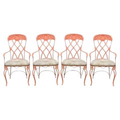 Vintage Hollywood Regency Wrought Iron Shell Sunroom Dining Arm Chair - Set of 4