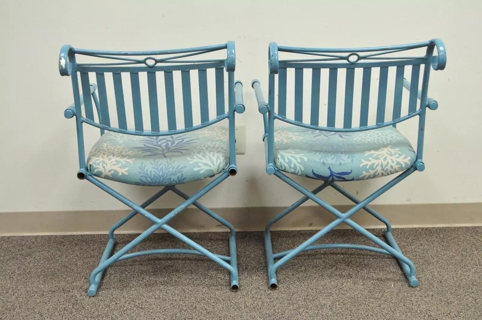 Vintage Hollywood Regency X-Frame Blau Eisen Curule Directors Sessel B - Paar im Angebot 4
