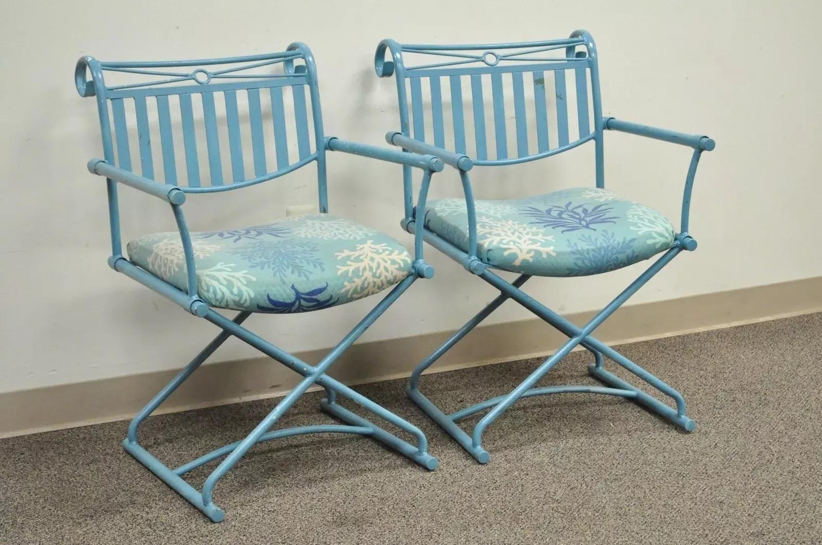 Vintage Hollywood Regency X-Frame Blau Eisen Curule Directors Sessel B - Paar im Angebot 5