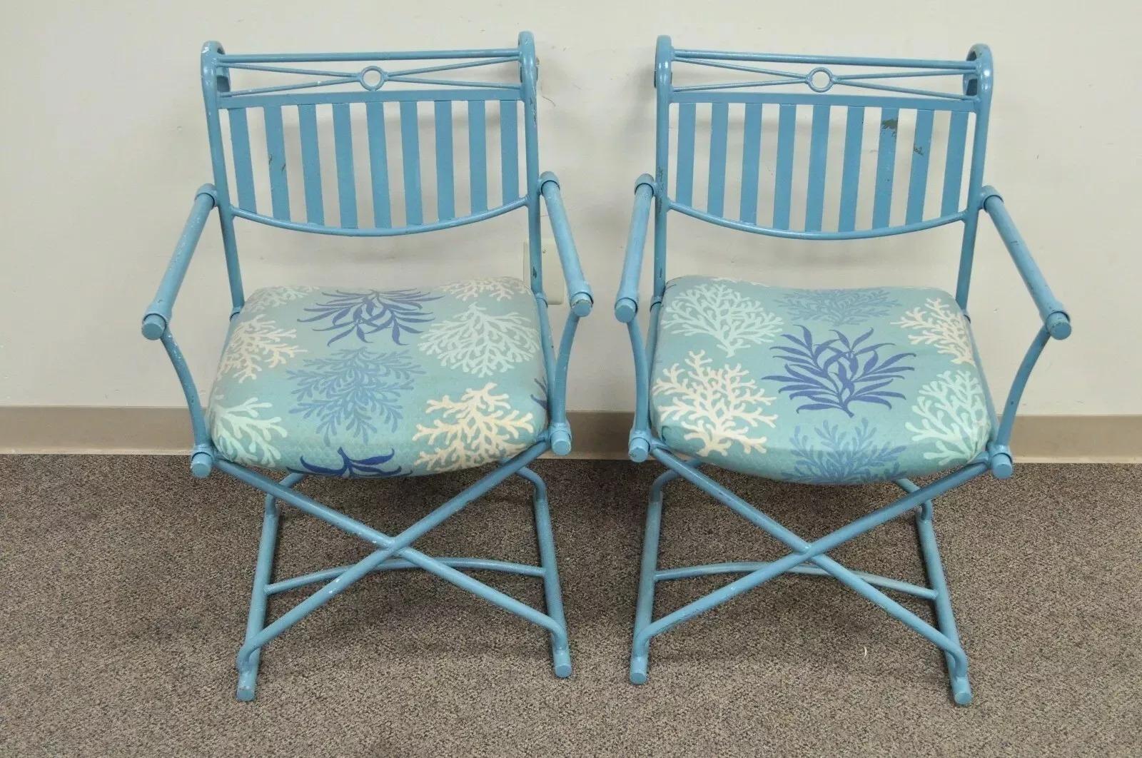 Vintage Hollywood Regency X-Frame Blau Eisen Curule Directors Sessel B - Paar (20. Jahrhundert) im Angebot
