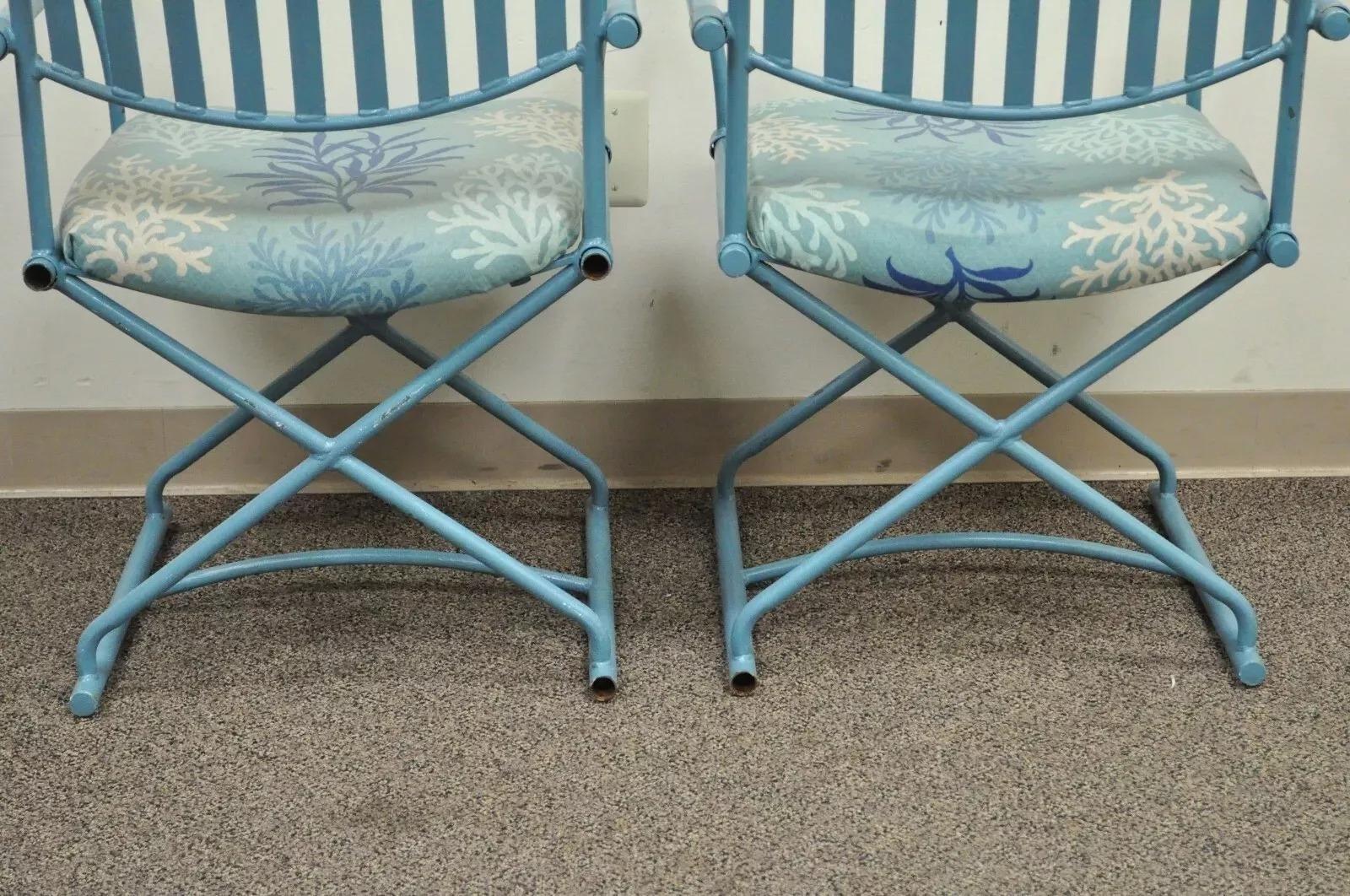 Vintage Hollywood Regency X-Frame Blau Eisen Curule Directors Sessel B - Paar im Angebot 1