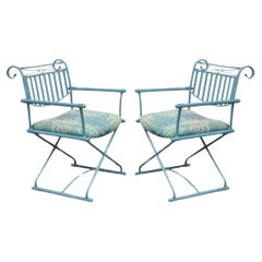 Vintage Hollywood Regency X-Frame Blue Iron Curule Directors Arm Chairs B - Pair