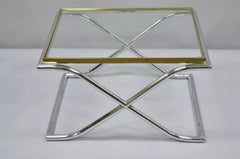 Tavolino da caffè vintage Hollywood Regency X-Frame in ottone cromato e vetro