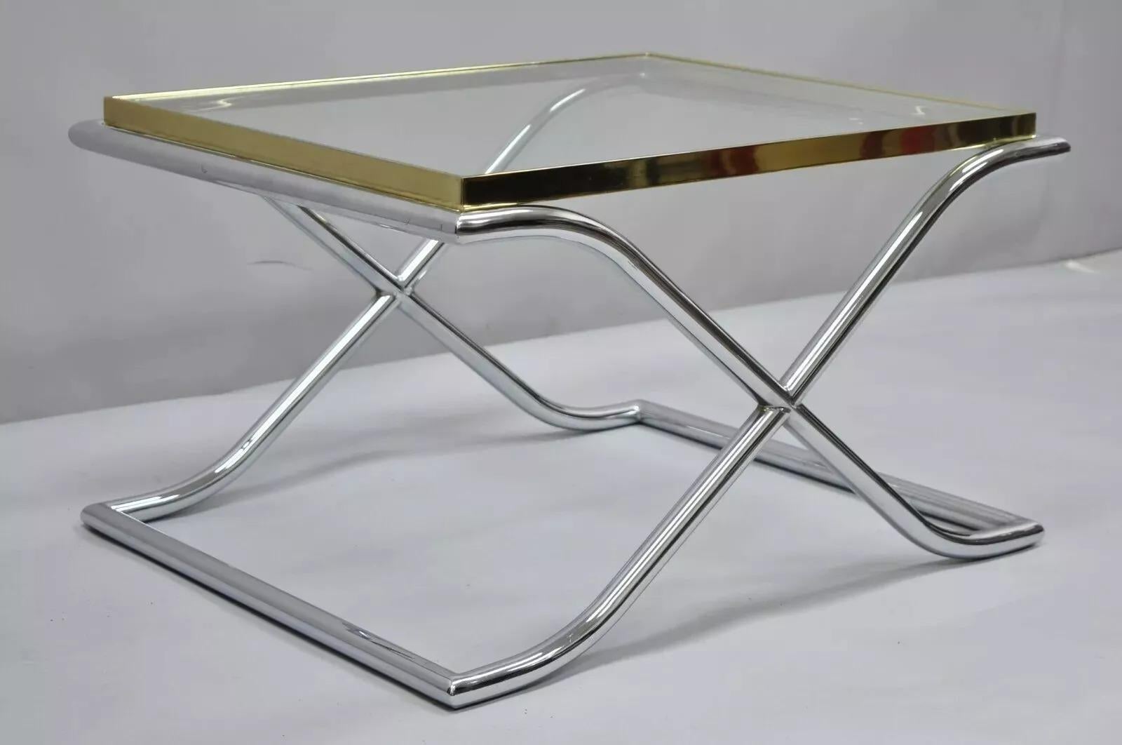Unknown Vintage Hollywood Regency X-Frame Chrome Brass & Glass Small Coffee Table For Sale