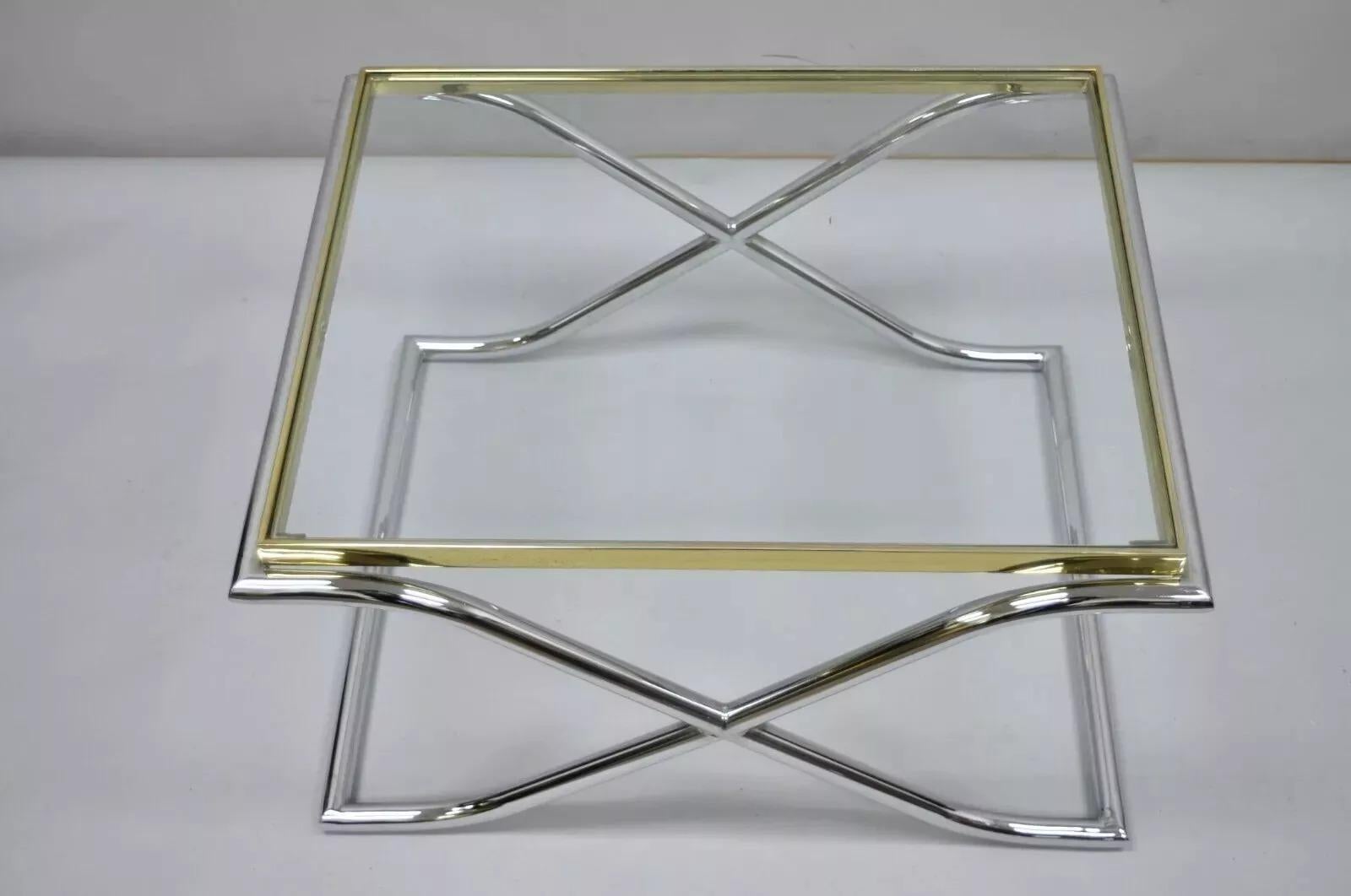 Vintage Hollywood Regency X-Frame Chrome Brass & Glass Small Coffee Table In Good Condition For Sale In Philadelphia, PA