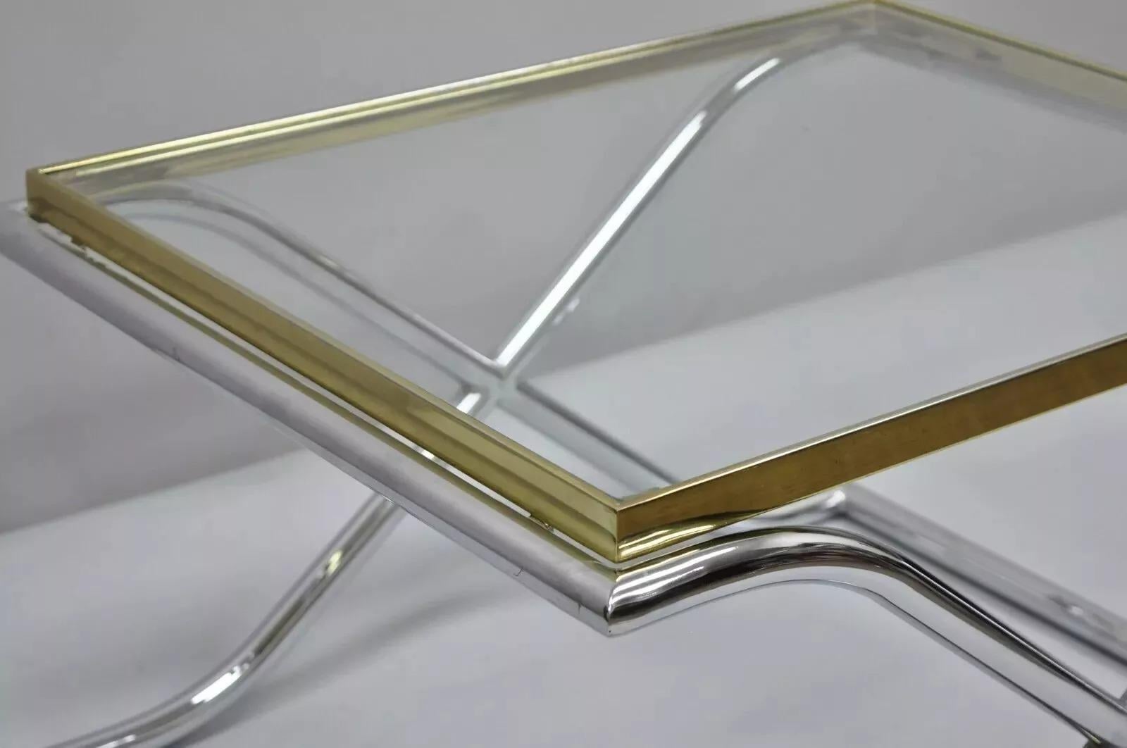 20th Century Vintage Hollywood Regency X-Frame Chrome Brass & Glass Small Coffee Table For Sale