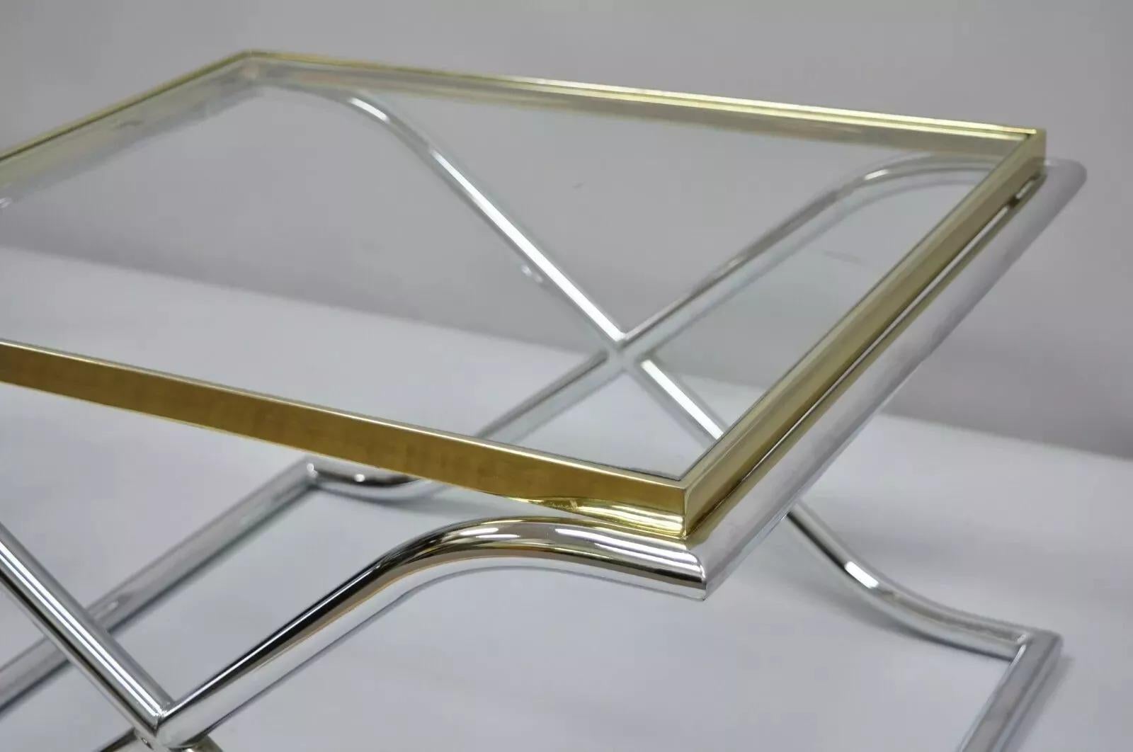 Vintage Hollywood Regency X-Frame Chrome Brass & Glass Small Coffee Table For Sale 1