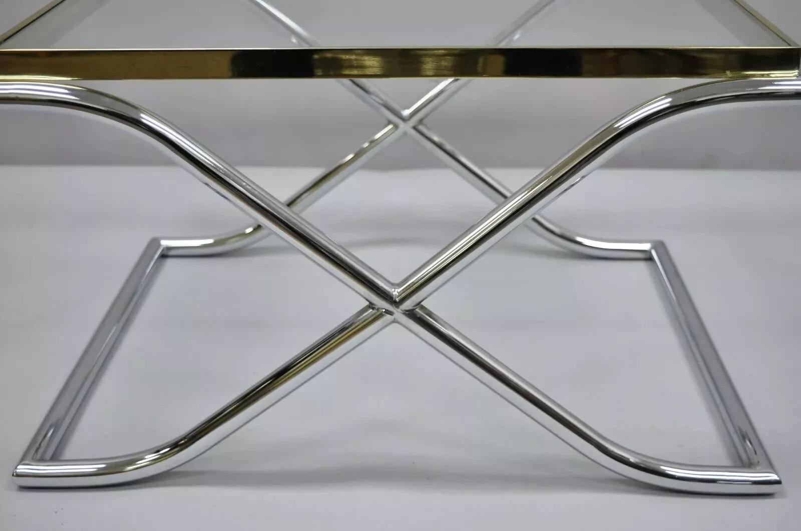 Vintage Hollywood Regency X-Frame Chrome Brass & Glass Small Coffee Table For Sale 3