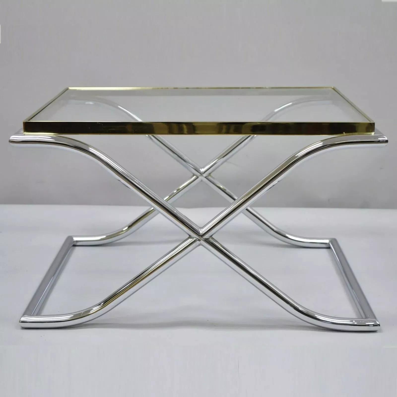 Vintage Hollywood Regency X-Frame Chrome Brass & Glass Small Coffee Table For Sale 4