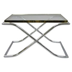 Tavolino da caffè vintage Hollywood Regency X-Frame in ottone cromato e vetro