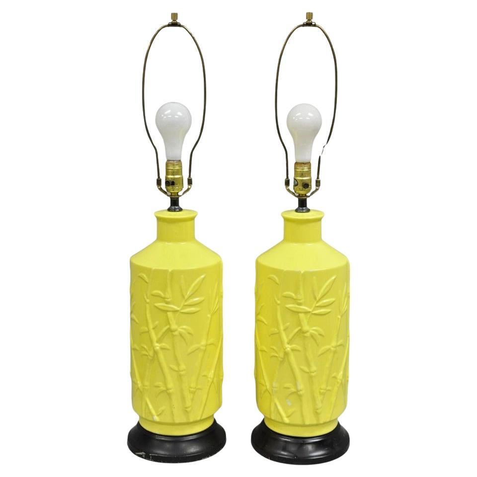 Vintage Hollywood Regency Yellow Ceramic Faux Bamboo Table Lamps - a Pair