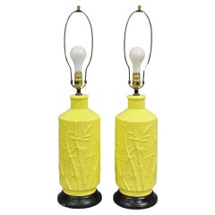 Vintage Hollywood Regency Yellow Ceramic Faux Bamboo Table Lamps - a Pair