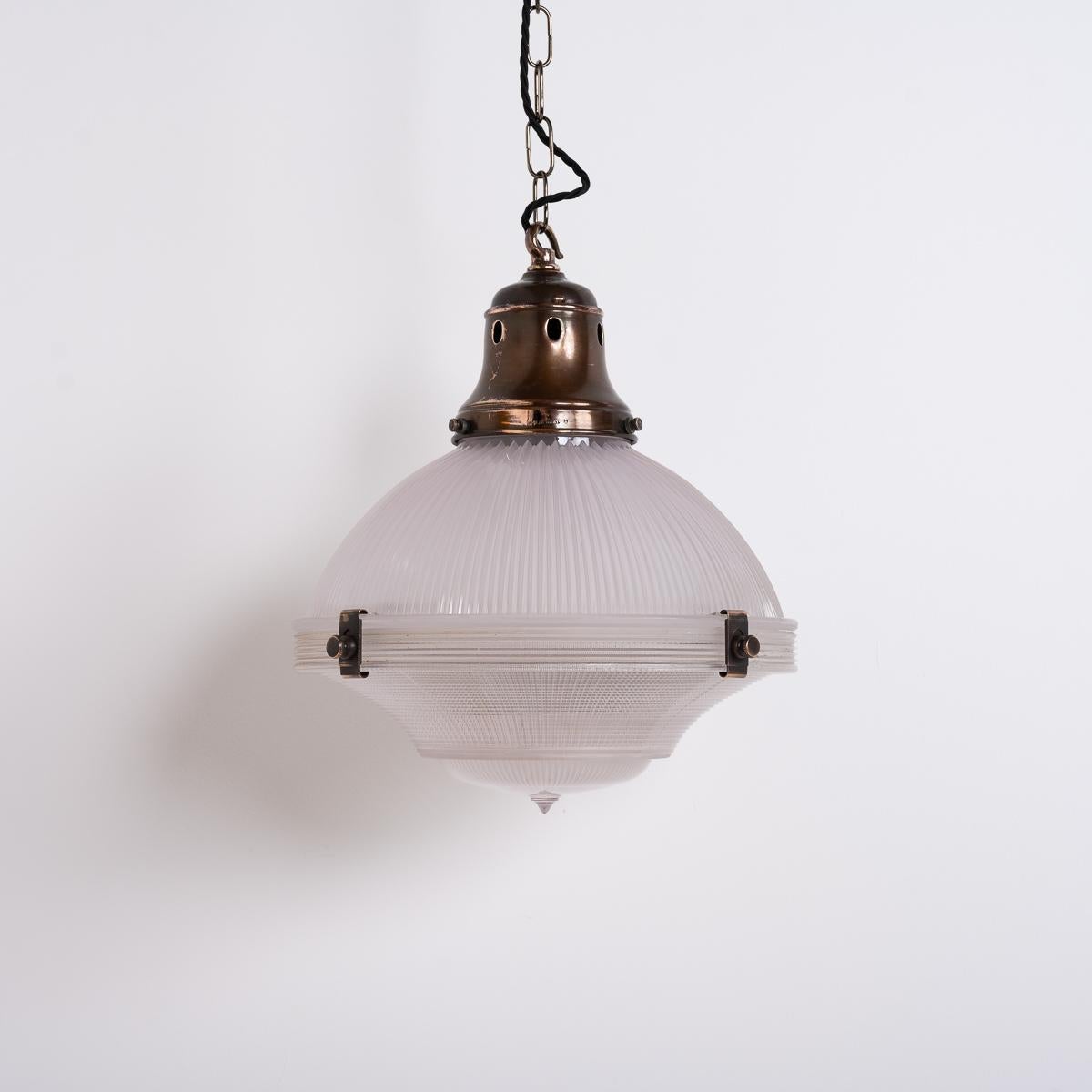 Art Deco Vintage Holophane 12 Inch Diameter Prismatic Glass Three Part Pendant Light