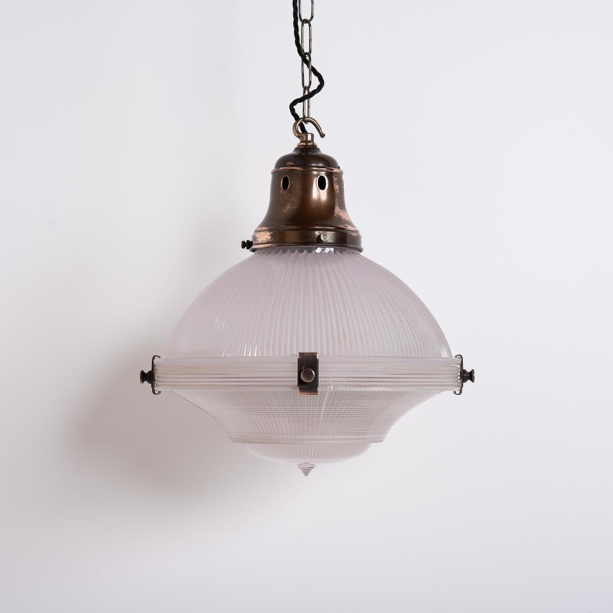 British Vintage Holophane 12 Inch Diameter Prismatic Glass Three Part Pendant Light