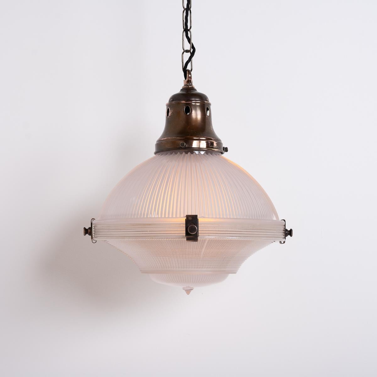 Vintage Holophane 12 Inch Diameter Prismatic Glass Three Part Pendant Light In Good Condition In Nottingham, GB