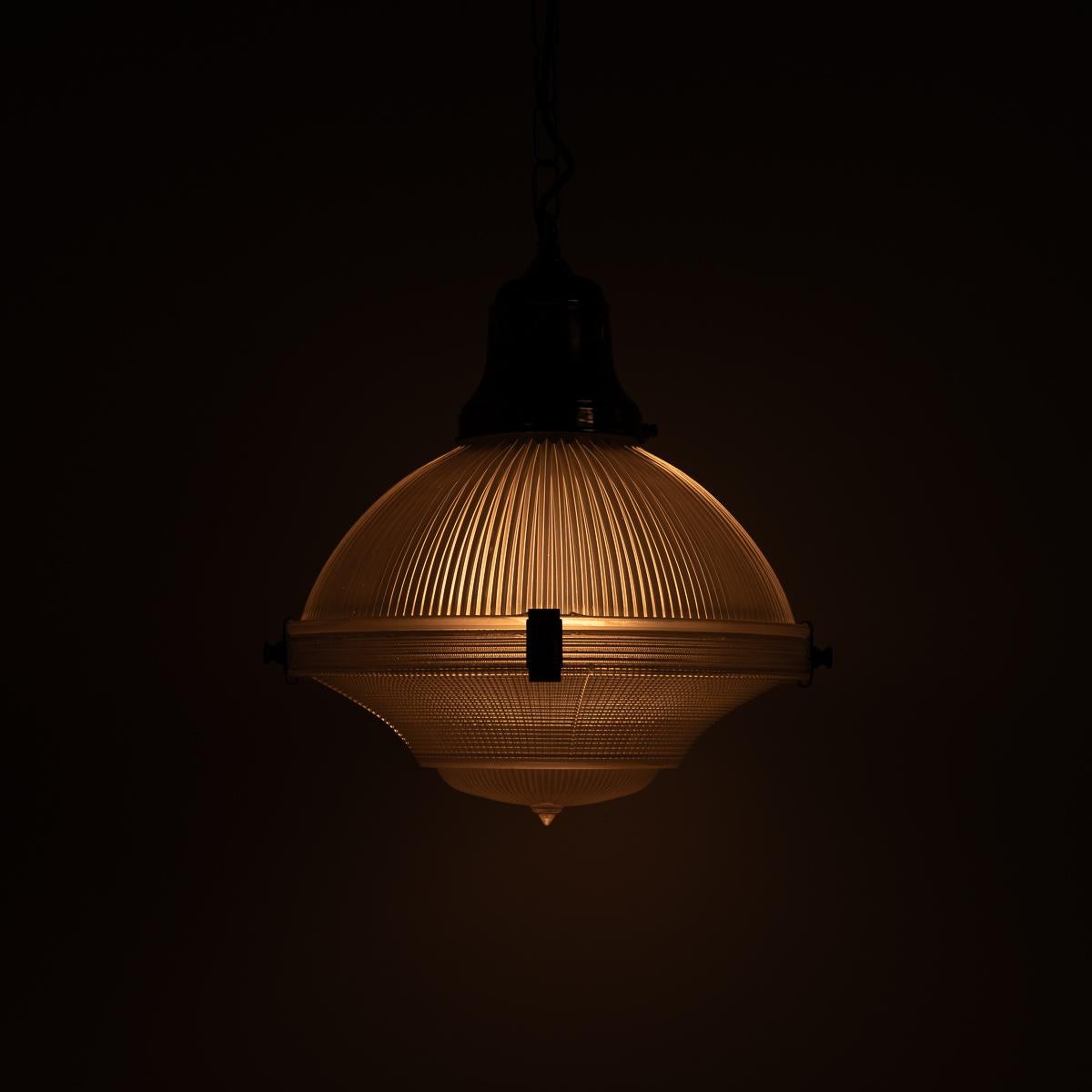 Early 20th Century Vintage Holophane 12 Inch Diameter Prismatic Glass Three Part Pendant Light