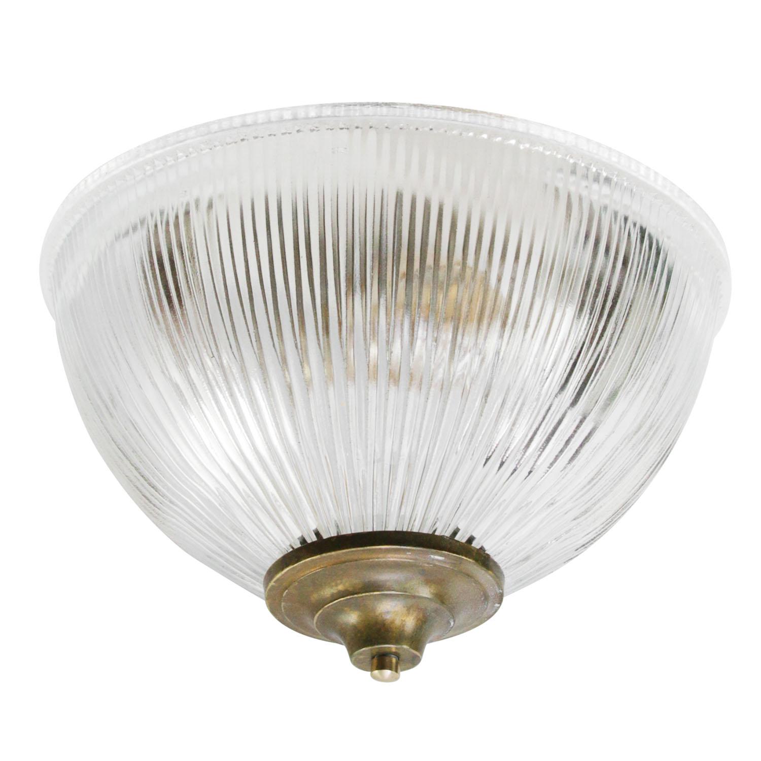 Holophane glass ceiling lamp / flush mount
2x E27/E26 bulb holder with striped glass shade

Metal ceiling plate 17 × 13 cm

Weight: 2.60 kg / 5.7 lb

Priced per individual item. All lamps have been made suitable by international standards for