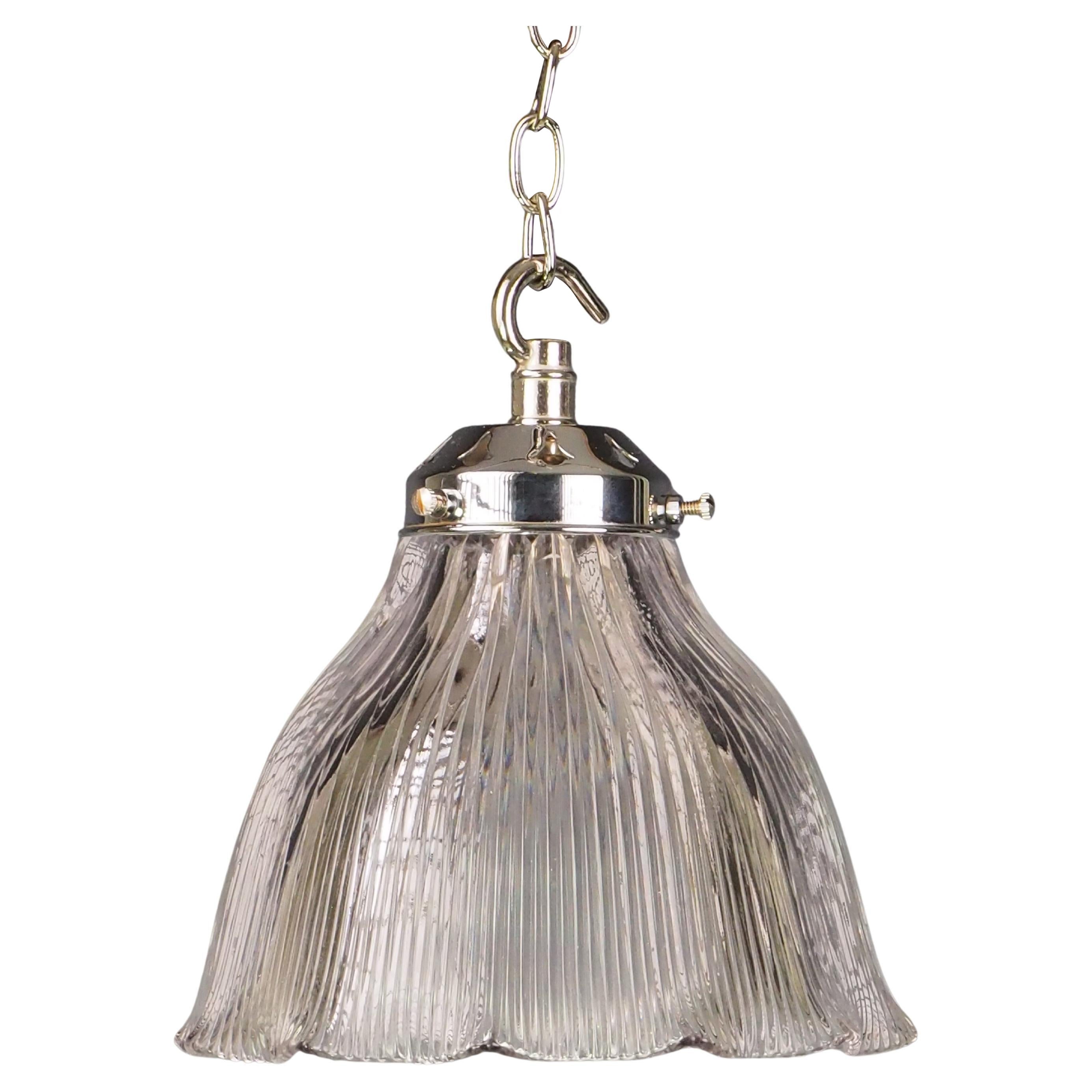 Vintage Holophane Pendant Light with Glass Shade and Chrome Fitting